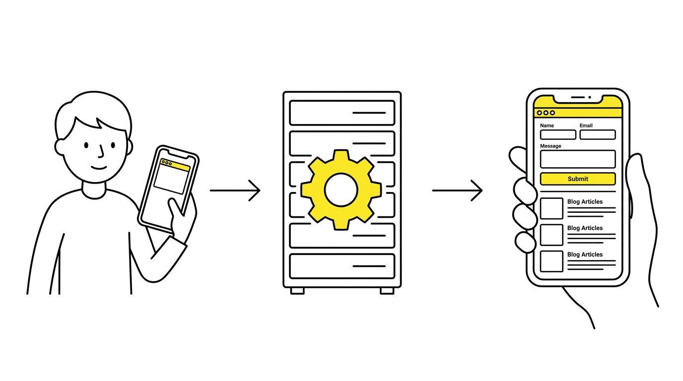 スマホでサイトを開くと、サーバーの中のPHPがページを作って届ける流れ