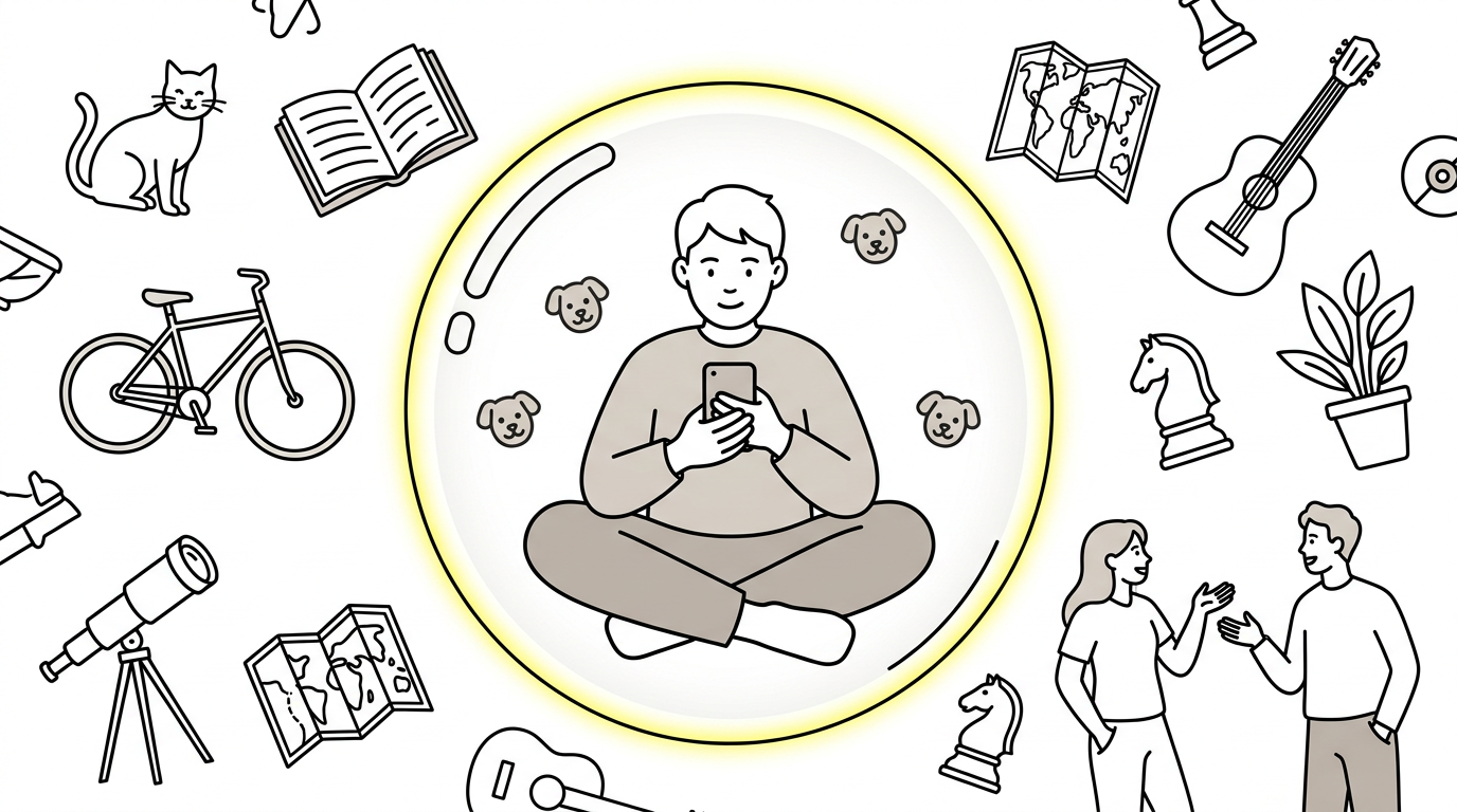 泡の中でスマホを見る人。泡の外には本や楽器、話している人たちがいる