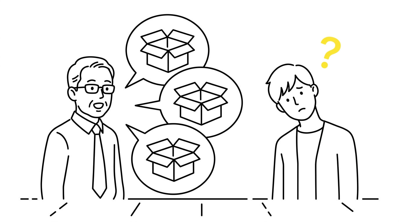 先輩の吹き出しが中身の空いた箱になっていて、若手が首をかしげている