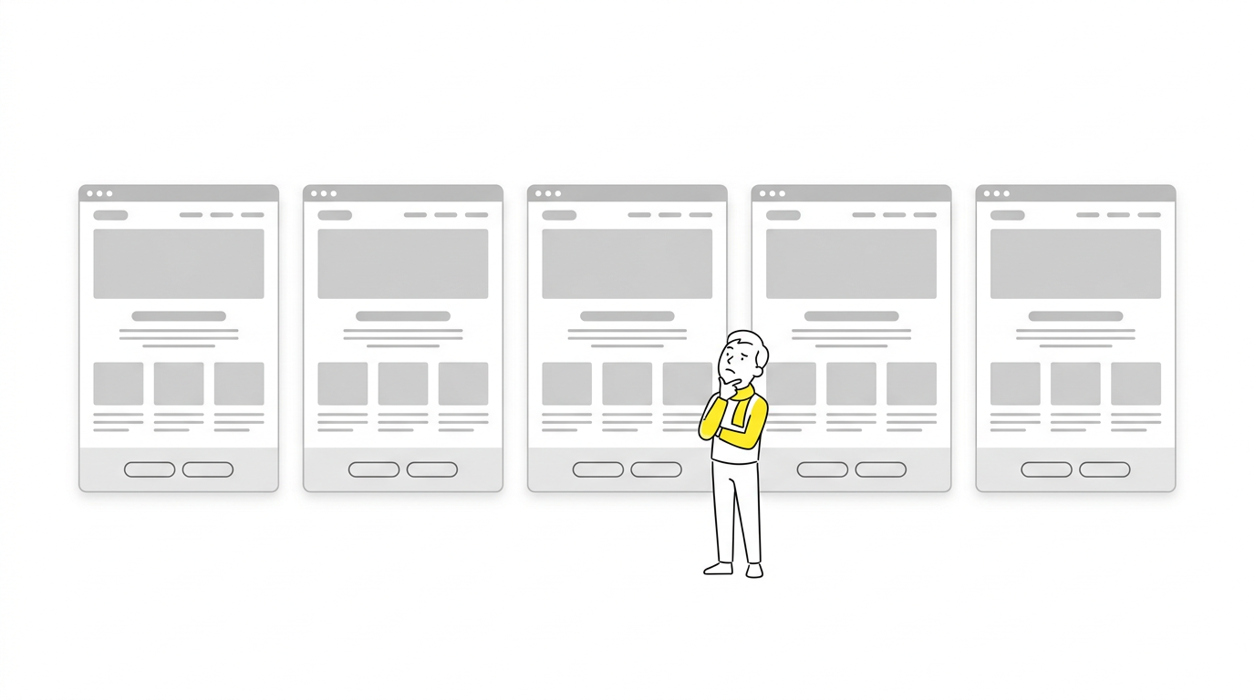 同じようなレイアウトのサイトが5つ並び、その前で首をかしげる人