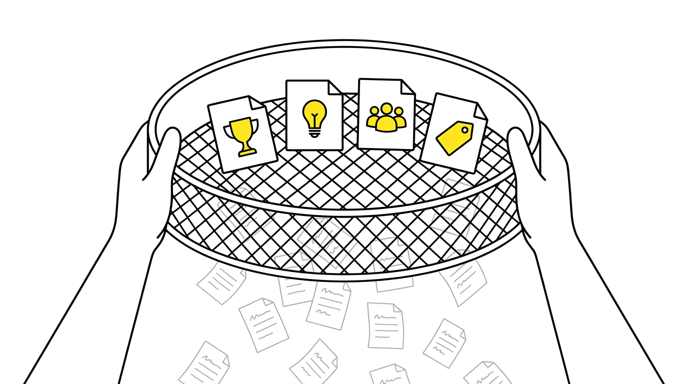 ふるいにかけられて、薄いページが落ち、実績・理由・人・料金のページが残る