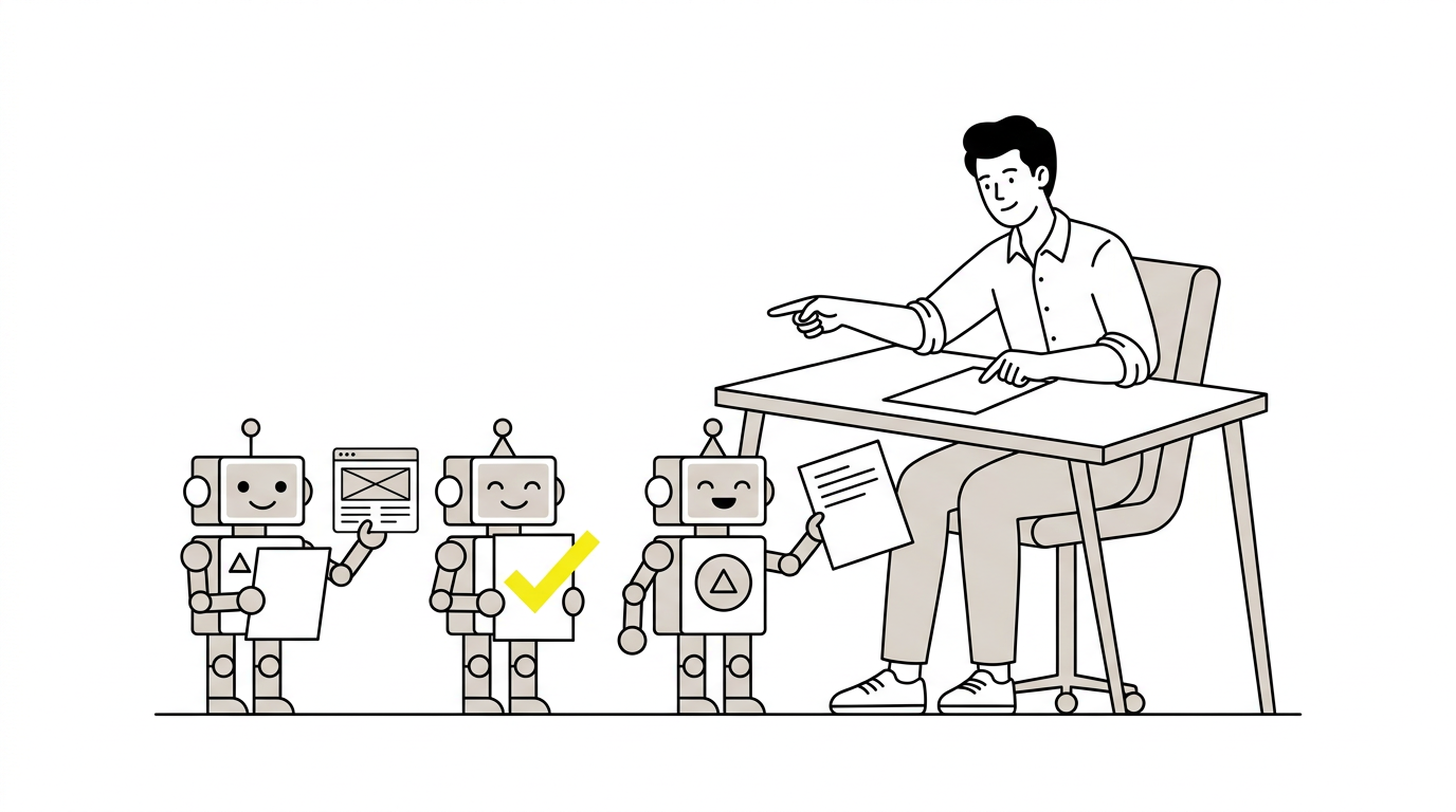 机に座った社員が、成果物を持った小さなAIロボットたちに指示を出し、判断している図