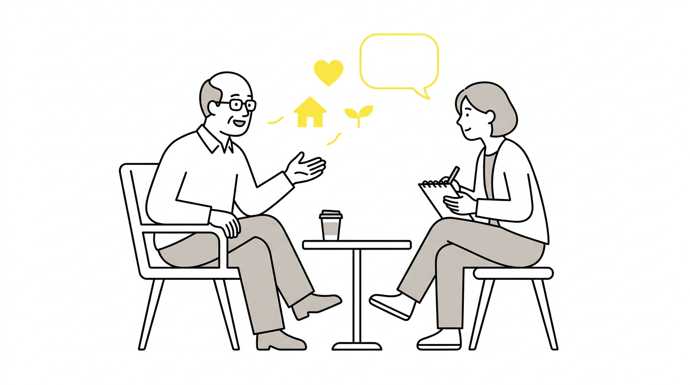 打合せで想いを話すお客様と、ノートを取りながら受け取るディレクター